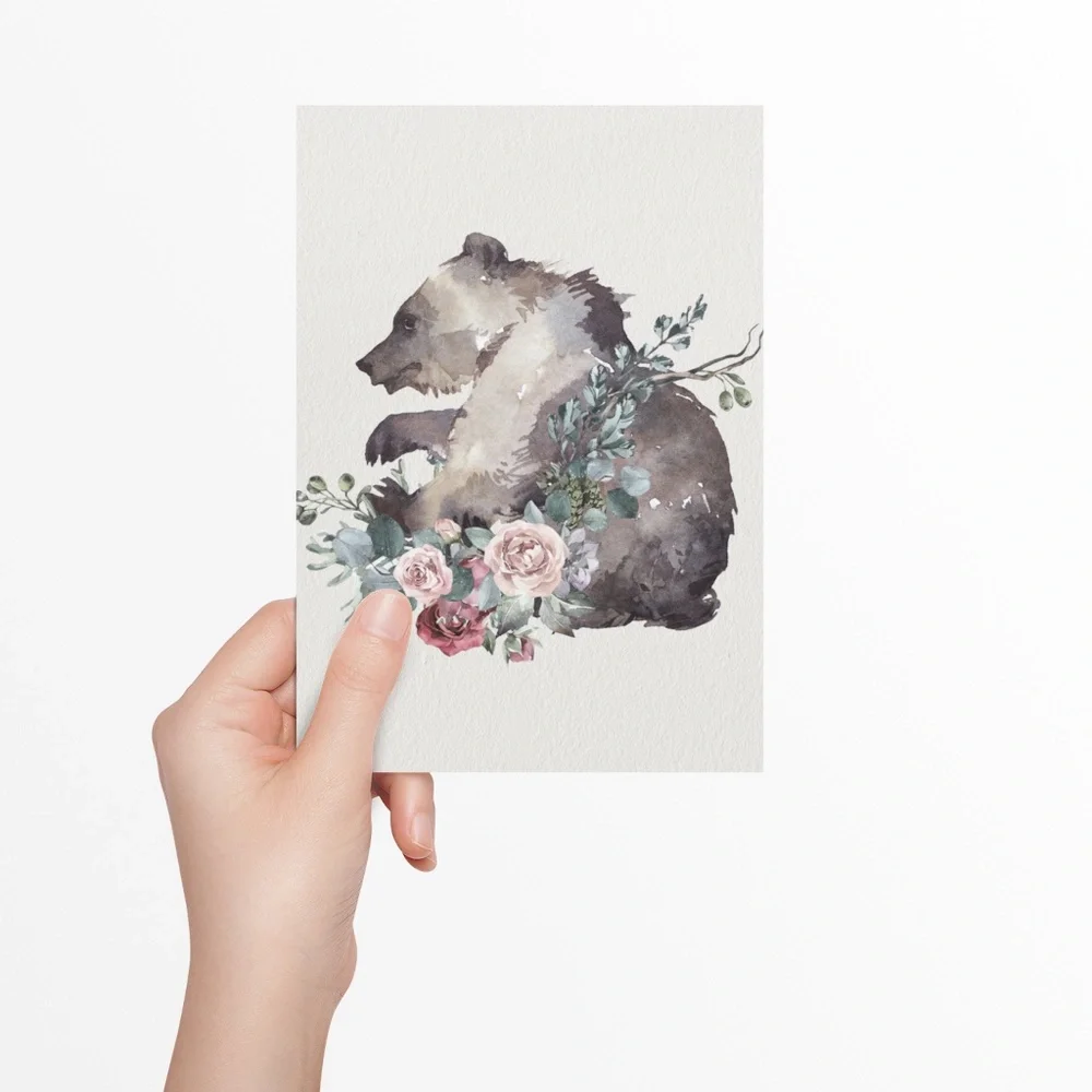 Watercolor Floral Bear Wall Art Print Poster Unframed - Picture 8 of 17